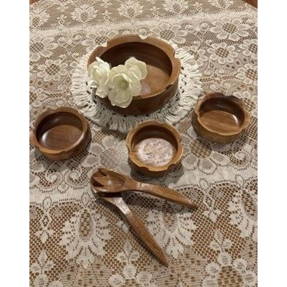 Vintage Mid-Century Monkey Pod Wood Salad Serving Set Scalloped Flower Bowls